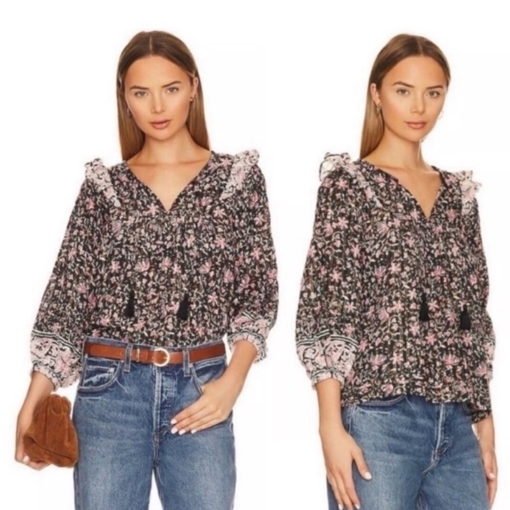 NWOT Cleobella Black and Pink Floral Tie Neck Top, Size Medium